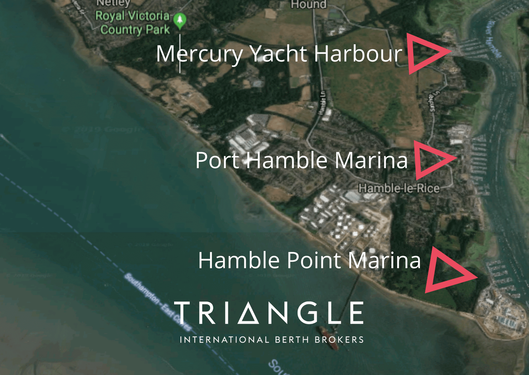 A overview showing the location of Mercury Yacht Harbour, Port Hamble and Hamble Point Marina