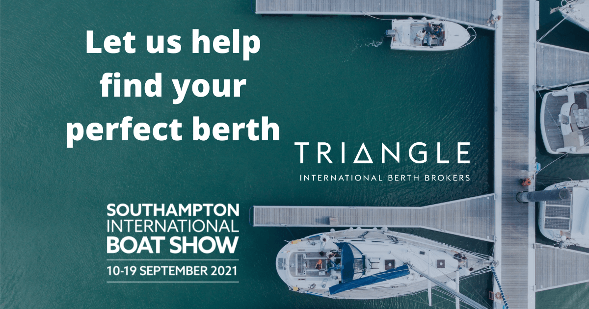 Marina berth with spaces and text Let us help find your perfect berth with logos for Triangle Berth Brokers and Southampton International Boat Show